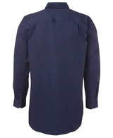 A navy long-sleeved work shirt featuring a close front design and buttoned cuffs, with a logo displayed.