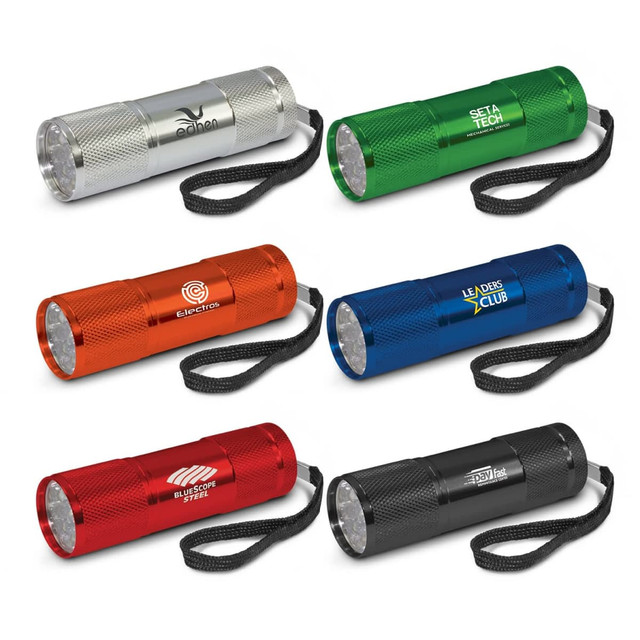 A collection of six compact torches in silver, green, orange, blue, red, and black, featuring lanyards and logos.