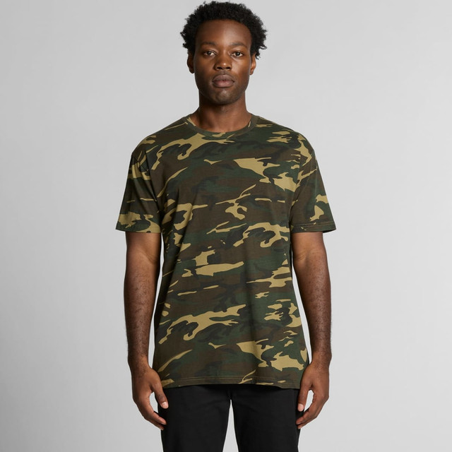 A camo-patterned T-shirt in shades of green and brown, featuring a logo on the front.