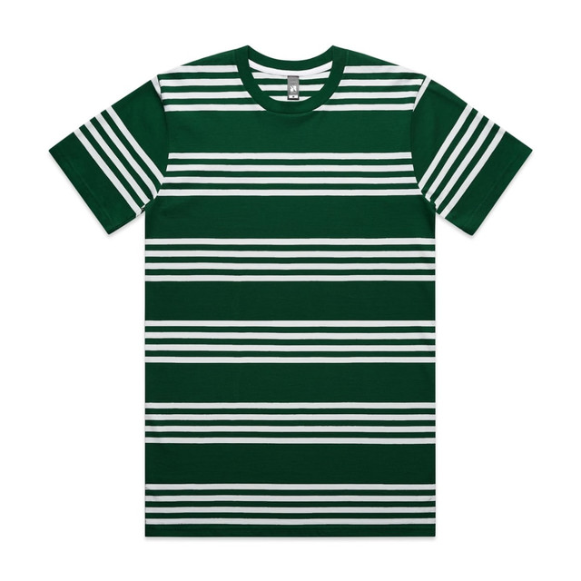 A green and white striped t-shirt featuring a logo on the label. Casual and stylish design.