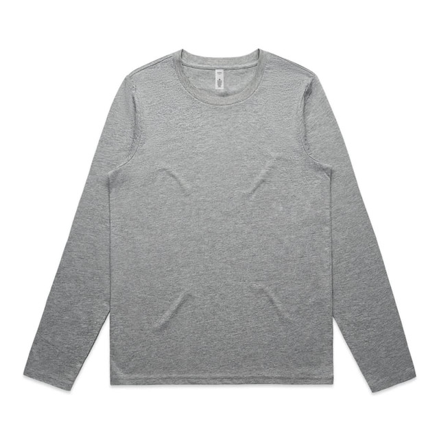 A grey long-sleeve t-shirt with a crew neckline and stitching details. The shirt features a small logo.