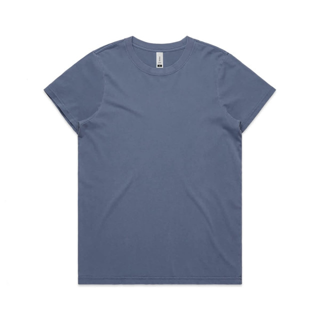 A blue T-shirt featuring a crew neck and short sleeves, with a small logo on the label.