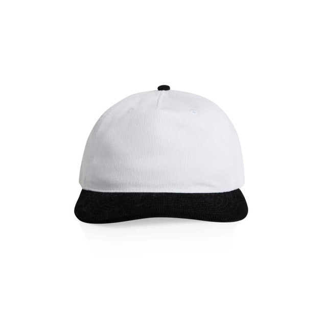 A two-tone cap featuring a white body and a black peak, with a branding logo on the front.
