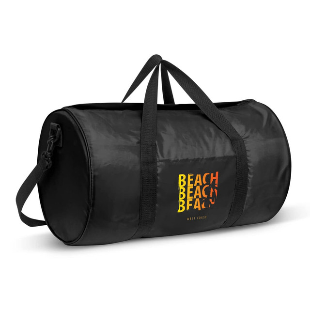 A black duffle bag with two handles, featuring a logo on the side. Designed for versatile usage.