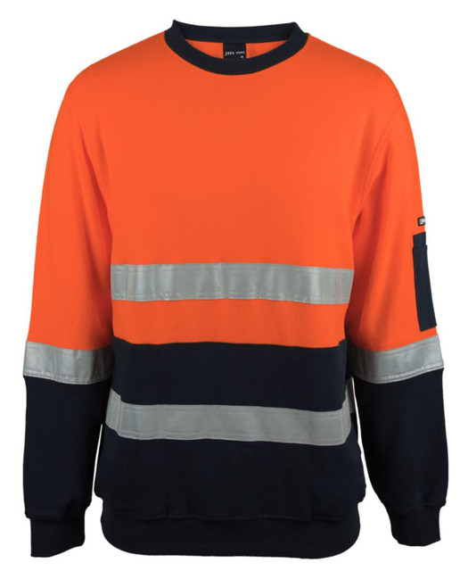 An orange and navy fleece crew neck jumper with reflective stripes and a logo on the sleeve.