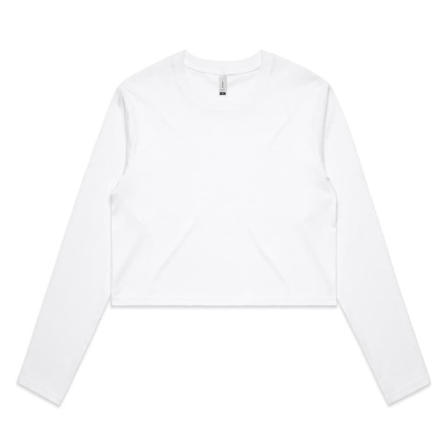 A white long-sleeve crop t-shirt with a simple design, featuring a logo.