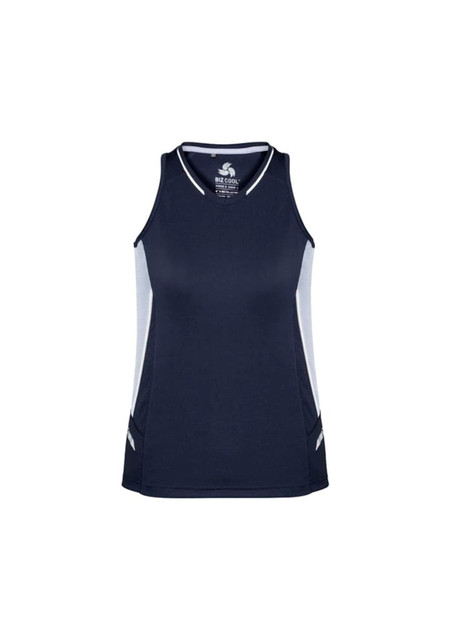 A navy blue women's singlet featuring light grey side panels and a logo on the front.