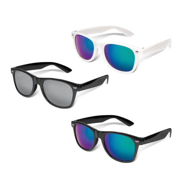 Malibu Premium Sunglasses in black and white frames with mirror lenses in shades of blue and purple. Includes logo.