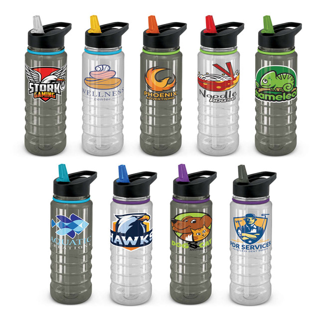 A drink bottle in clear and black, featuring various logos and colourful lids in different hues.