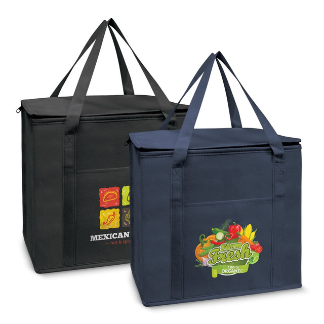 Two insulated cooler bags in black and navy blue, featuring logos on their front panels.