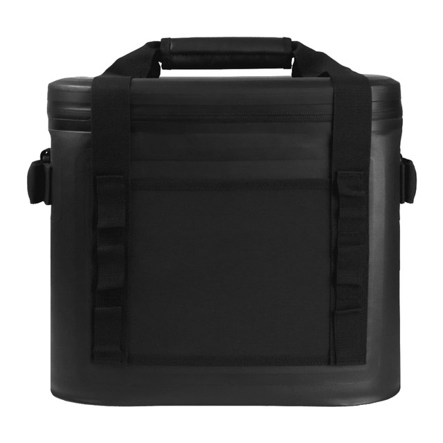 A black cooler bag with a sturdy handle and shoulder straps, featuring a front pocket and a logo.