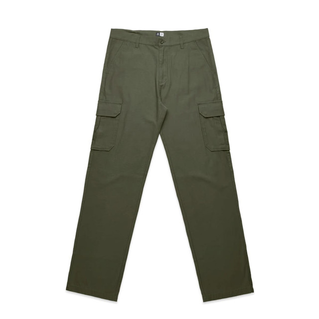 Utility cargo pants in olive green featuring multiple side pockets and a branded label.