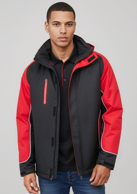 A unisex jacket featuring a black body with red sleeves and details, equipped with a hood and a branded logo.