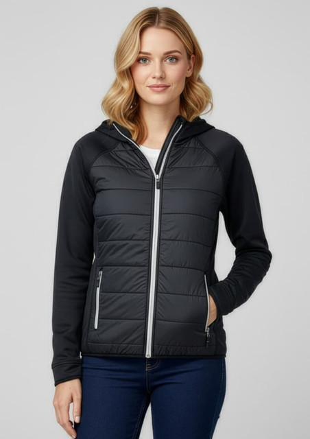 A stylish black women's puffer jacket with a hood, featuring zippered pockets and a fitted design.