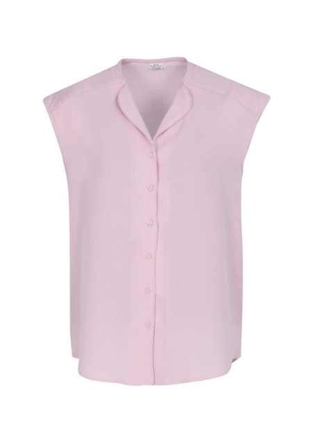 A sleeveless pink blouse with a button-up front and a casual collar. The fabric appears smooth and lightweight.