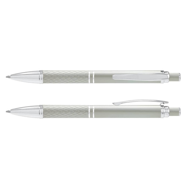 A metal pen in silver and grey, featuring a textured grip and a clip, with a logo on the body.