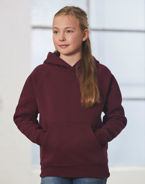 A maroon kids' fleece hoodie with a front pocket and a hood, worn by a girl with long hair.