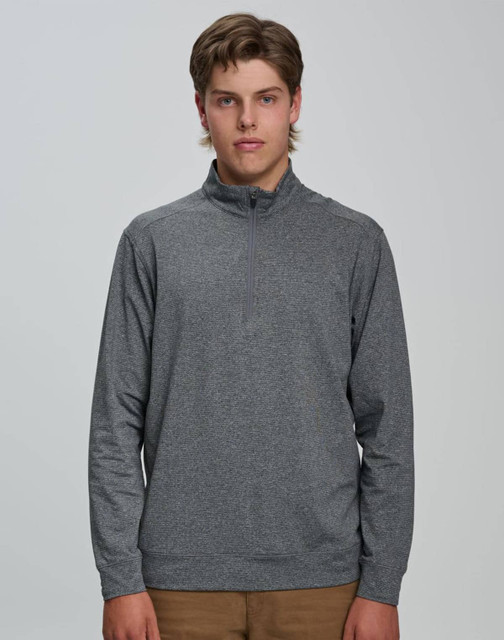 A men's half zip long sleeve sweatshirt in dark grey, featuring a subtle blend texture and a logo.