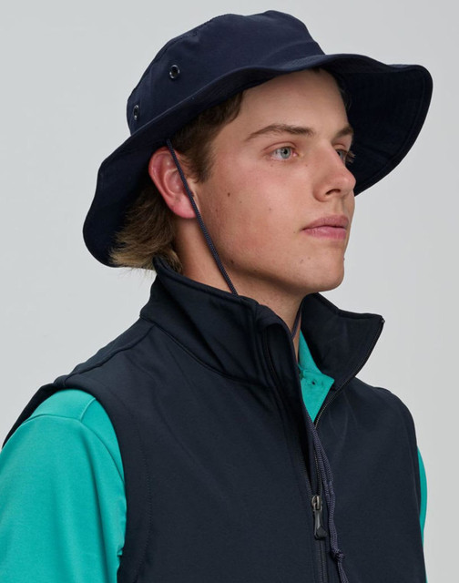 A blue surf hat with a wide brim and a clip-on chin strap, featuring a logo on the side.