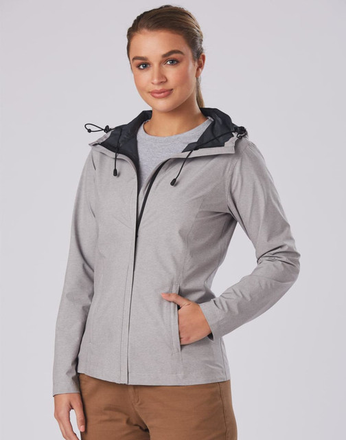 A waterproof performance jacket in light grey with a black hood and adjustable features. It has a subtle logo.