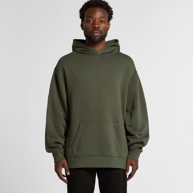 A green hoodie with a spacious fit, featuring a front pocket and a large hood. It includes a logo on the front.
