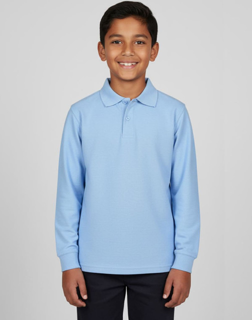 A red long sleeve polo shirt for kids, featuring a collar and a logo on the chest.