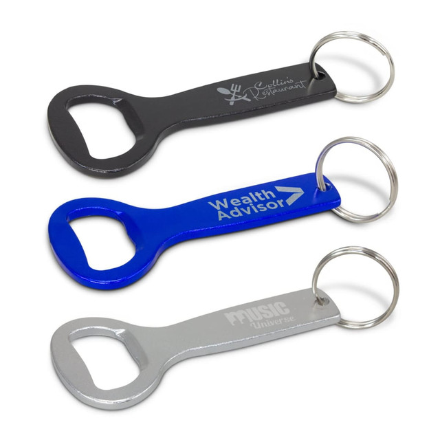 A drink bottle opener key ring set featuring black, blue, and silver colours, each with a separate ring and logo.