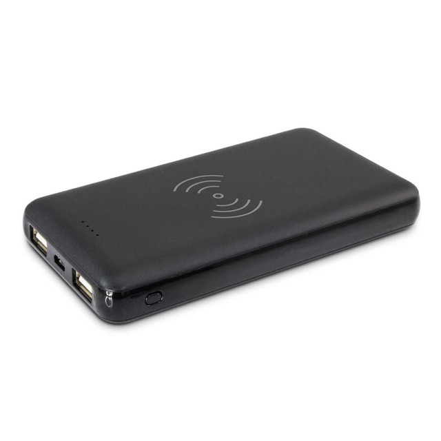 A black wireless charging power bank with two USB ports and a logo on the surface.