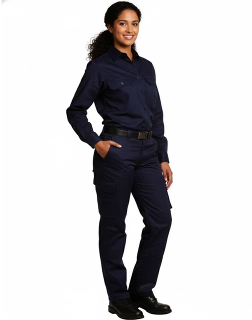 Ladies' heavy cotton pre-shrunk navy cargo pants with multi-functional pockets, styled with a matching shirt.