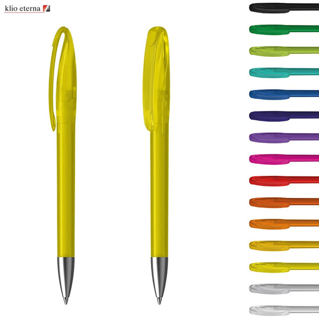 A collection of plastic pens in various colours, with a focus on a bright yellow pen. Each pen has a clip and a logo.