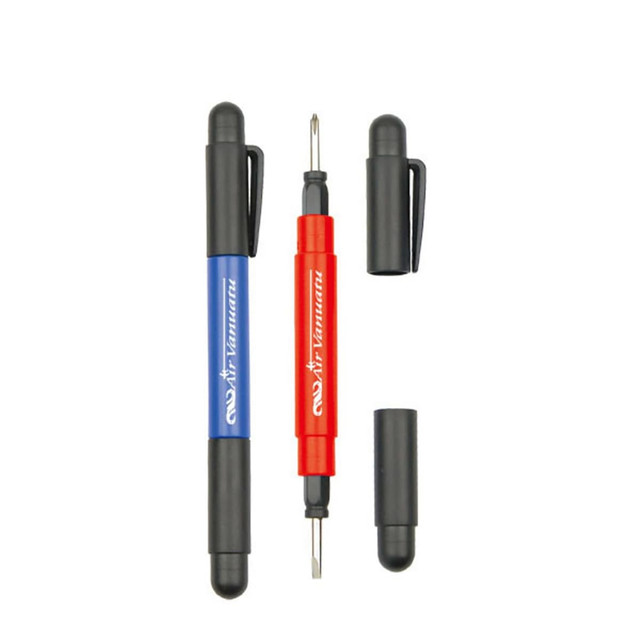 A tool set resembling pens in blue and red, featuring a screwdriver and removable caps. Includes a logo.