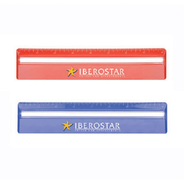 A 20cm ruler set featuring a red and a blue ruler with a magnifying strip, both with a logo.
