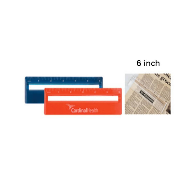 A 15cm ruler in blue and orange, featuring a magnifying section and a branding logo.