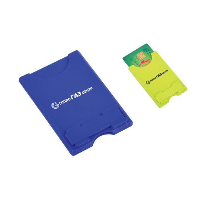 A blue mobile stand and card holder, accompanied by a green card holder, both featuring a logo.