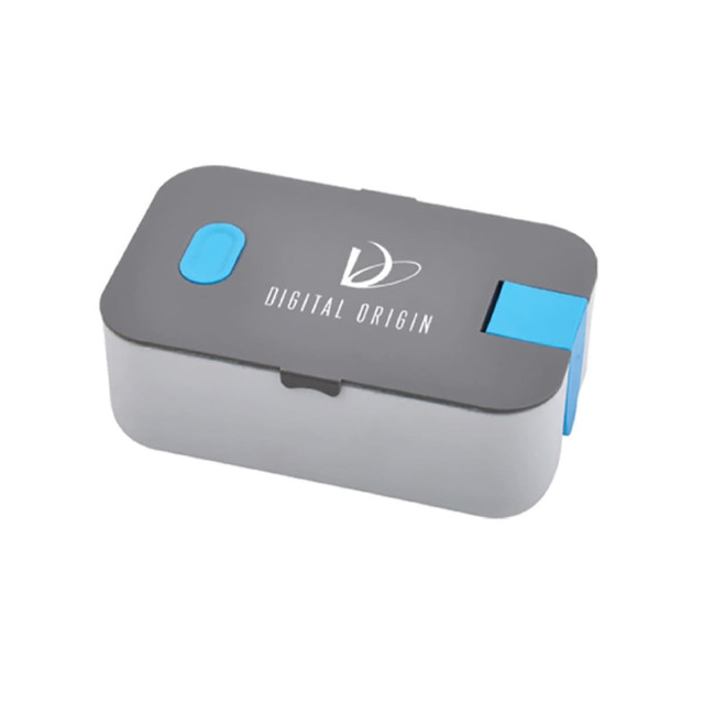 A grey and blue lunch box with a logo on the lid, featuring a secure clasp.