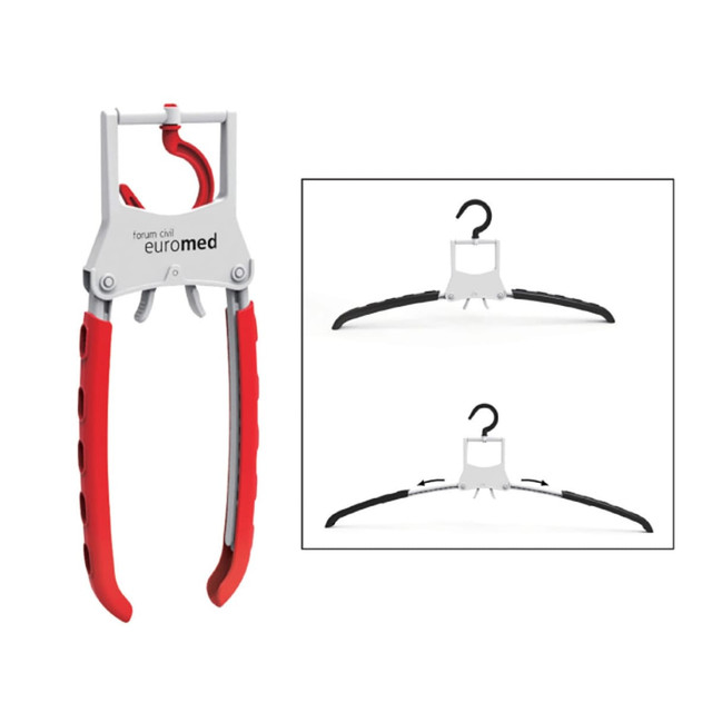 A red and grey coat hanger with a hook, featuring a branding logo. Included are two additional black hangers shown beside it.