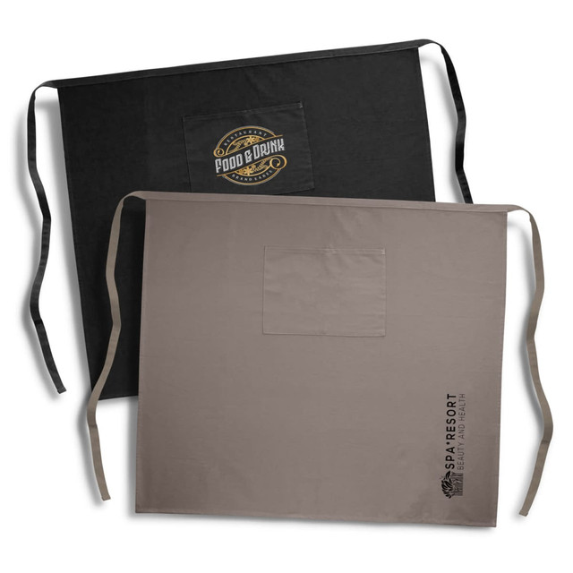 A full-length waist apron in black and beige with pockets and logos on each.
