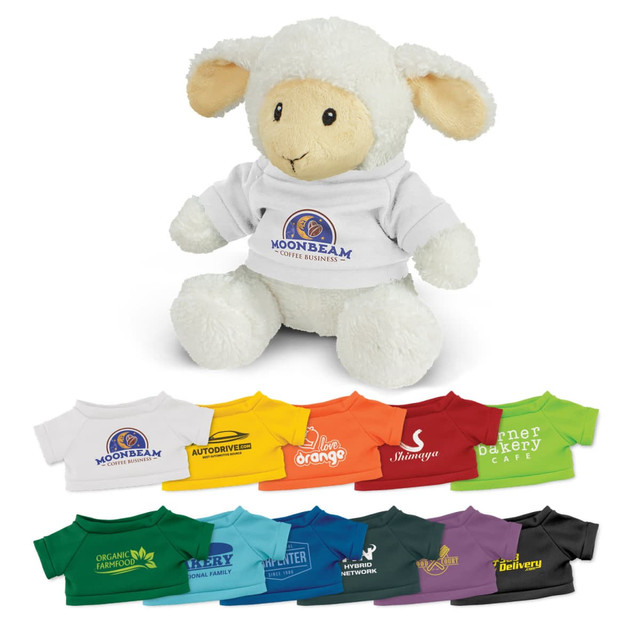 A fluffy white lamb plush toy wearing a white shirt, accompanied by colourful miniature shirts in various hues.