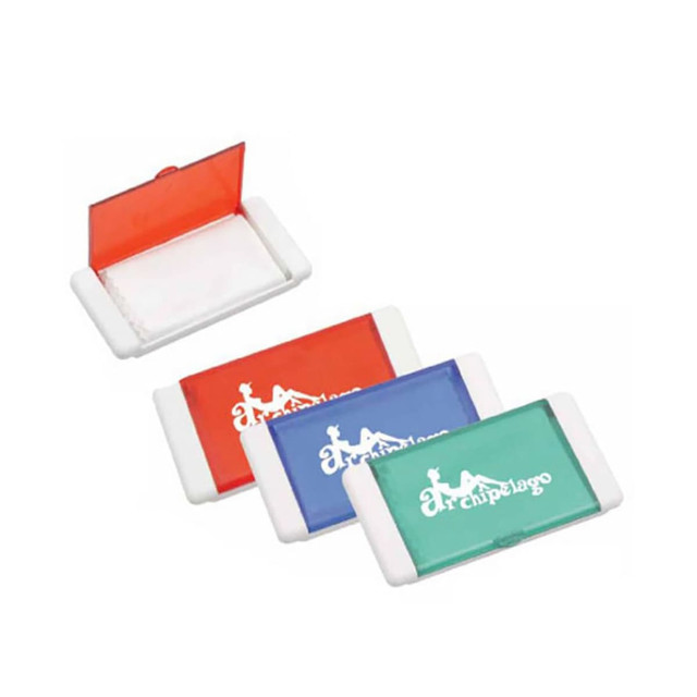 A set of four glasses cleaners in red, blue, and green cases, with white cleaning cloths inside each. Each case features a logo.