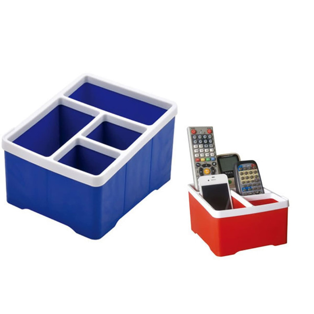 A blue and white desk organiser with multiple compartments and a smaller red and white organiser holding phones and remotes.