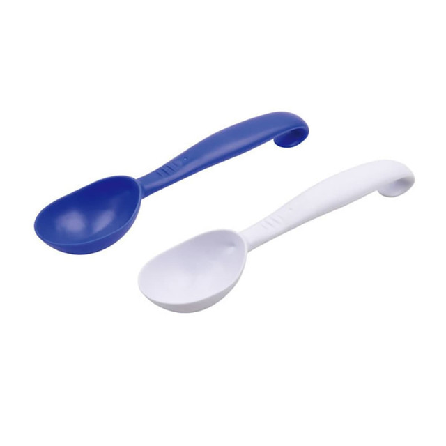 A set of two ice cream scoops in blue and white, featuring curved handles for easy gripping. Each scoop has branding.