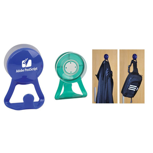 A blue and a green hook with a suction backside, designed for hanging items. Each has a simple, modern design.