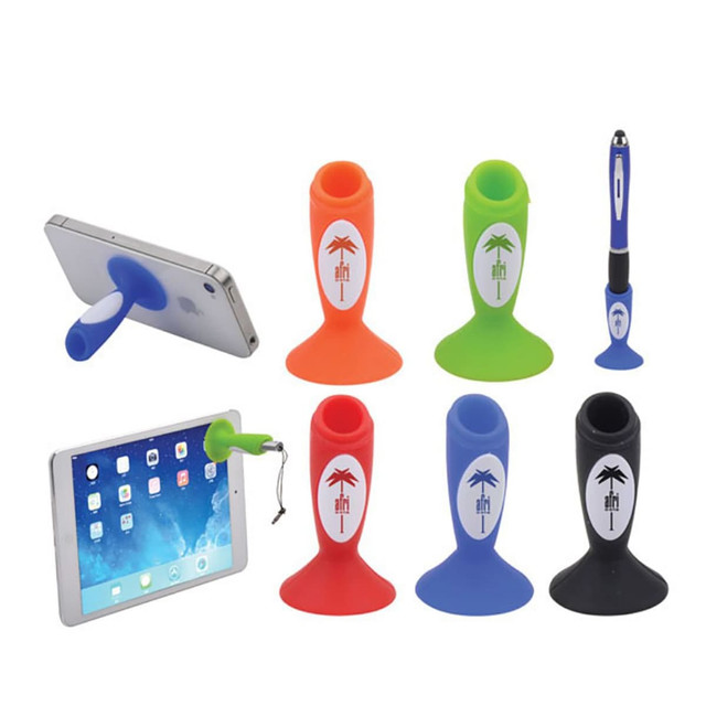 A variety of mobile stands and pen holders in orange, green, blue, black, and featuring a logo.