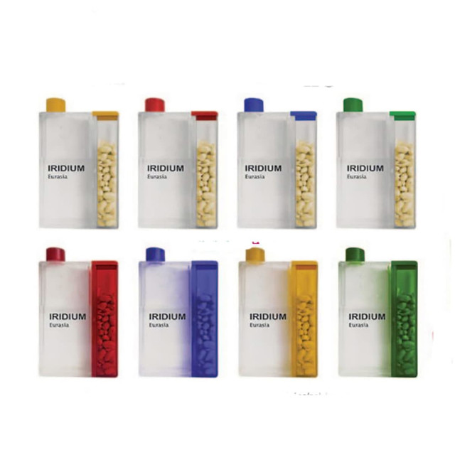 A drink bottle featuring a transparent body with colour-coded caps and a compartment for nuts, available in multiple colours.