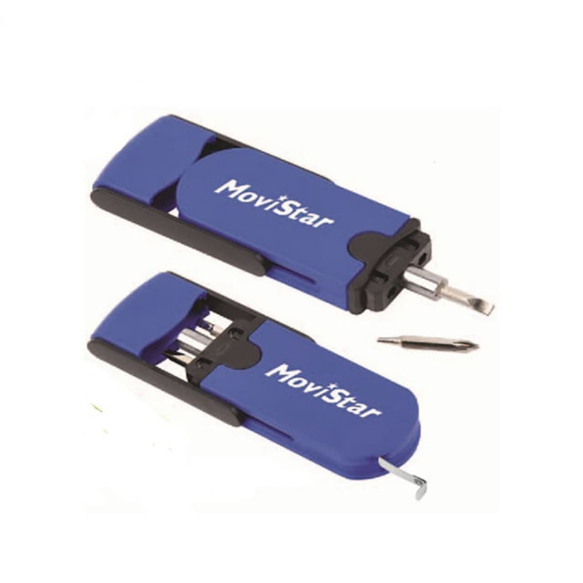A blue tool set with a tape measure, featuring multiple screwdriver heads and a logo.