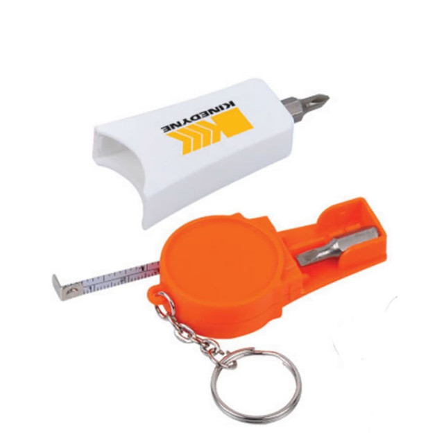 A compact tool set featuring a white case with a screwdriver and an orange tape measure on a keyring.