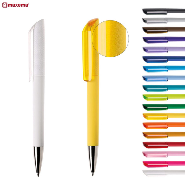 Two plastic pens in white and yellow, with a selection of various coloured pens in the background. Each pen has a logo.