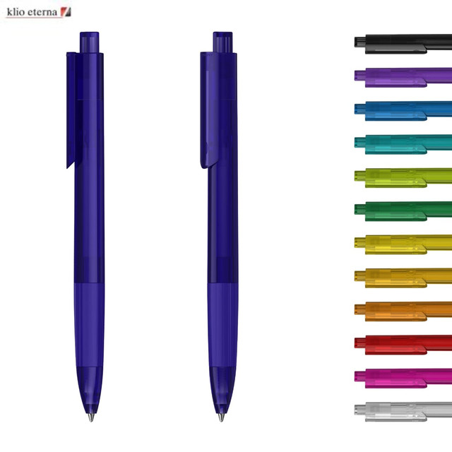 Transparent blue plastic pens with a clip, accompanied by a selection of pens in various colours.