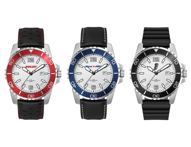 Sports watches with silver cases and white dials, featuring red, blue, and black silicone or leather straps. Each has a logo.