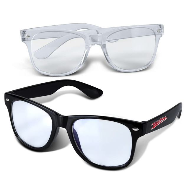 A pair of Malibu blue light glasses, featuring clear and black frames with mirrored lenses. Both have branding visible.